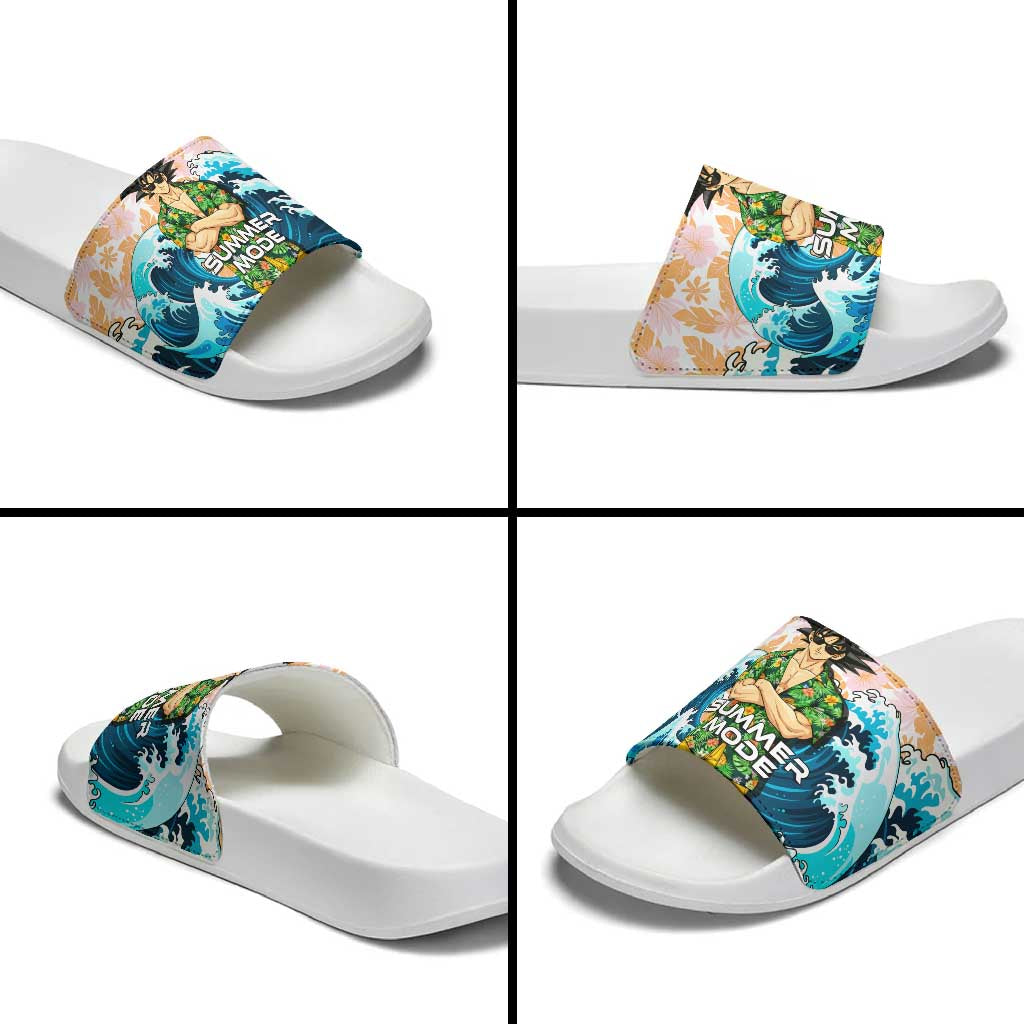 Goku Dragon Ball Summer Theme Slide Sandals with Tropical Floral Shirt Sunglasses Shenron and Ocean Wave Background - The Mazicc