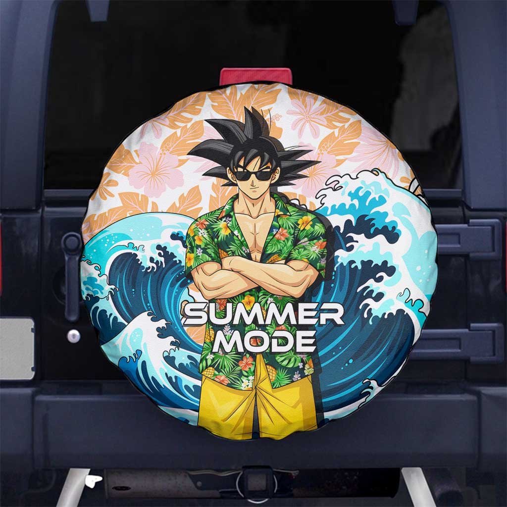 Goku Dragon Ball Summer Theme Spare Tire Cover with Tropical Floral Shirt Sunglasses Shenron and Ocean Wave Background - The Mazicc