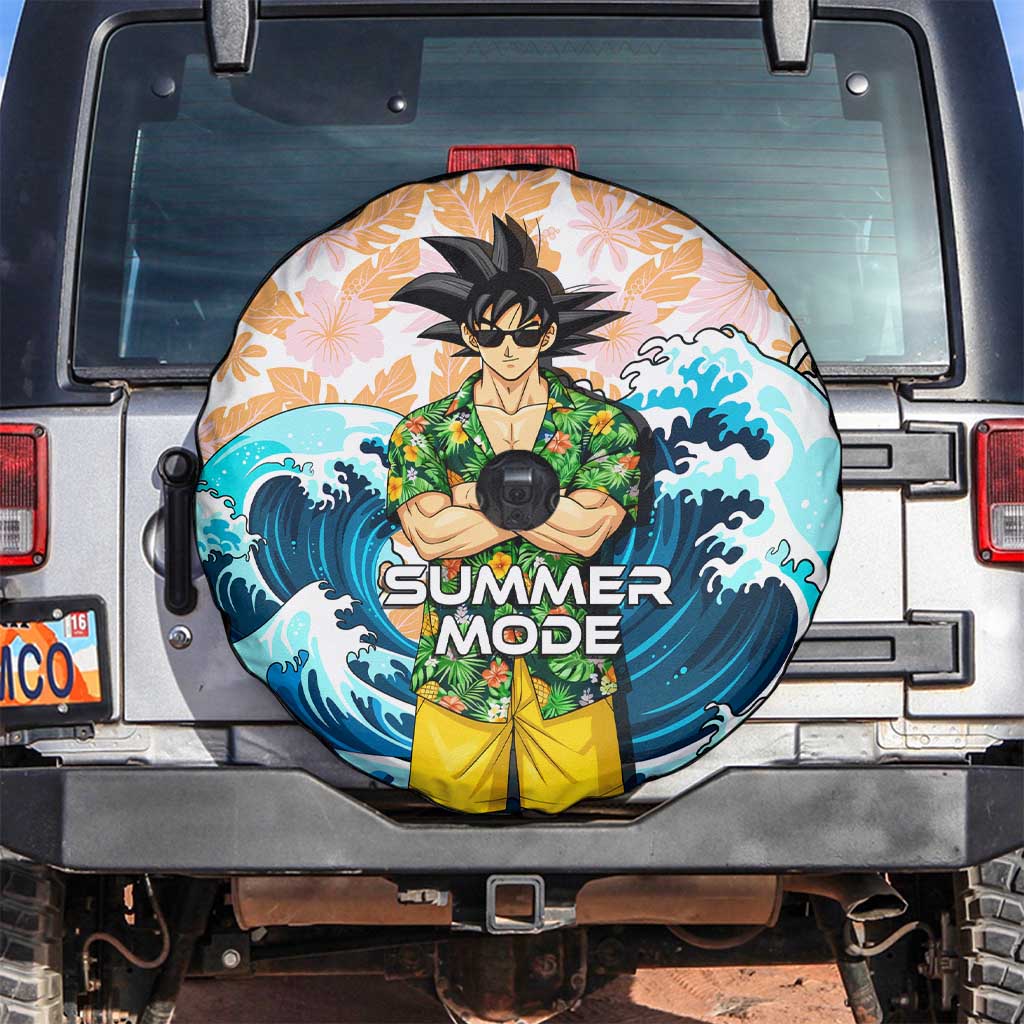 Goku Dragon Ball Summer Theme Spare Tire Cover with Tropical Floral Shirt Sunglasses Shenron and Ocean Wave Background - The Mazicc