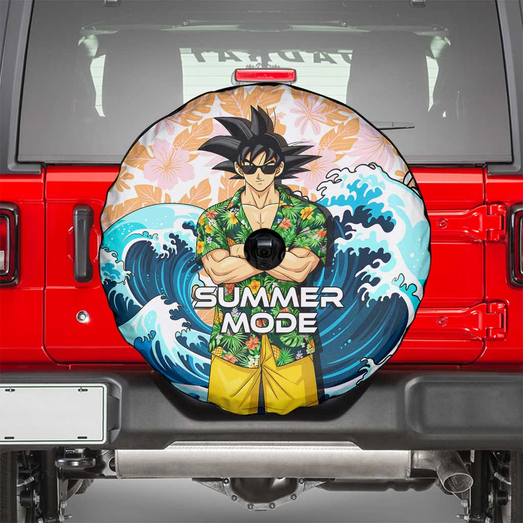 Goku Dragon Ball Summer Theme Spare Tire Cover with Tropical Floral Shirt Sunglasses Shenron and Ocean Wave Background - The Mazicc