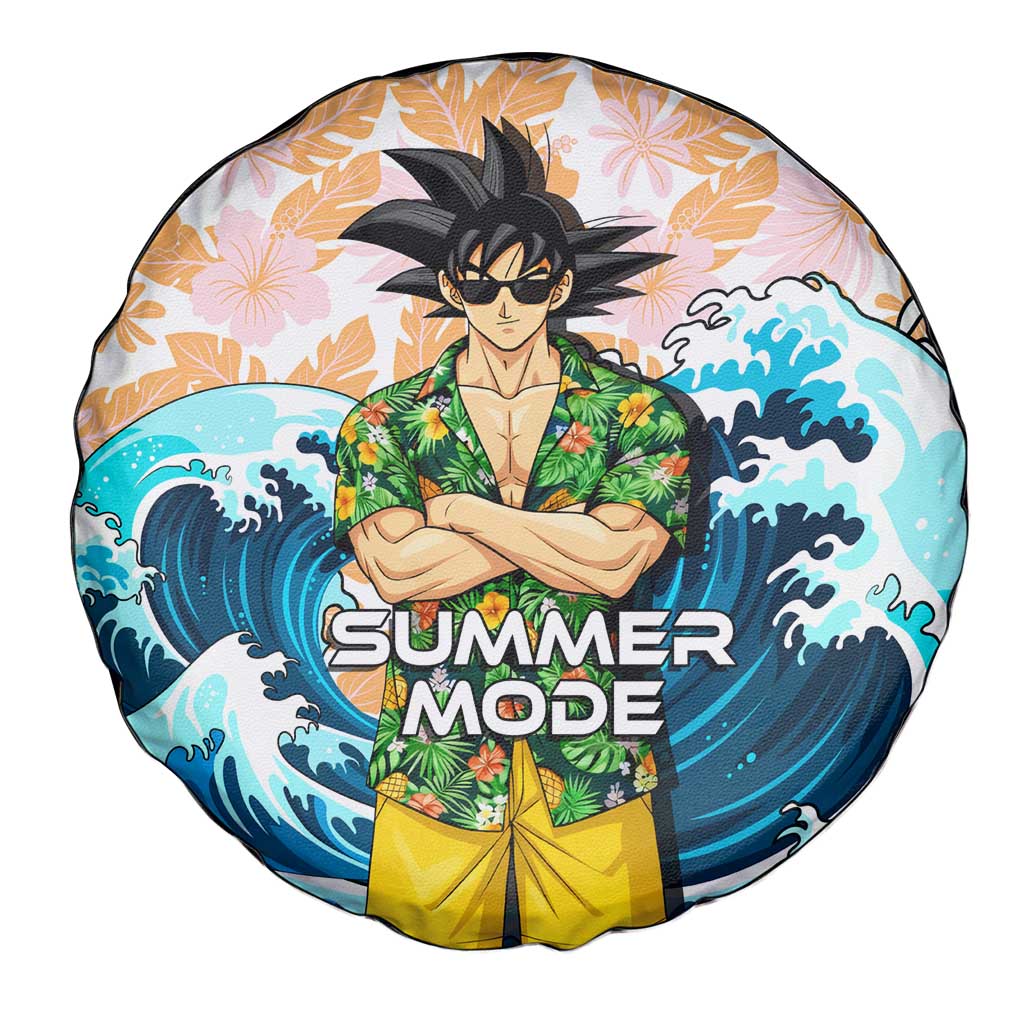 Goku Dragon Ball Summer Theme Spare Tire Cover with Tropical Floral Shirt Sunglasses Shenron and Ocean Wave Background - The Mazicc
