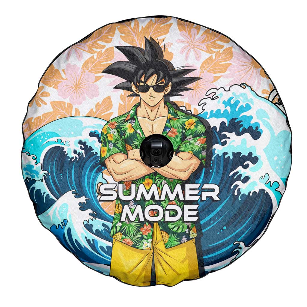 Goku Dragon Ball Summer Theme Spare Tire Cover with Tropical Floral Shirt Sunglasses Shenron and Ocean Wave Background - The Mazicc