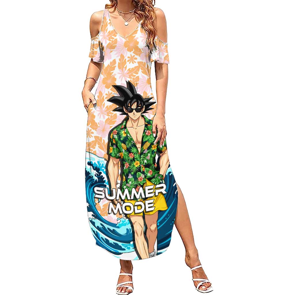 Goku Dragon Ball Summer Theme Summer Maxi Dress with Tropical Floral Shirt Sunglasses Shenron and Ocean Wave Background - The Mazicc