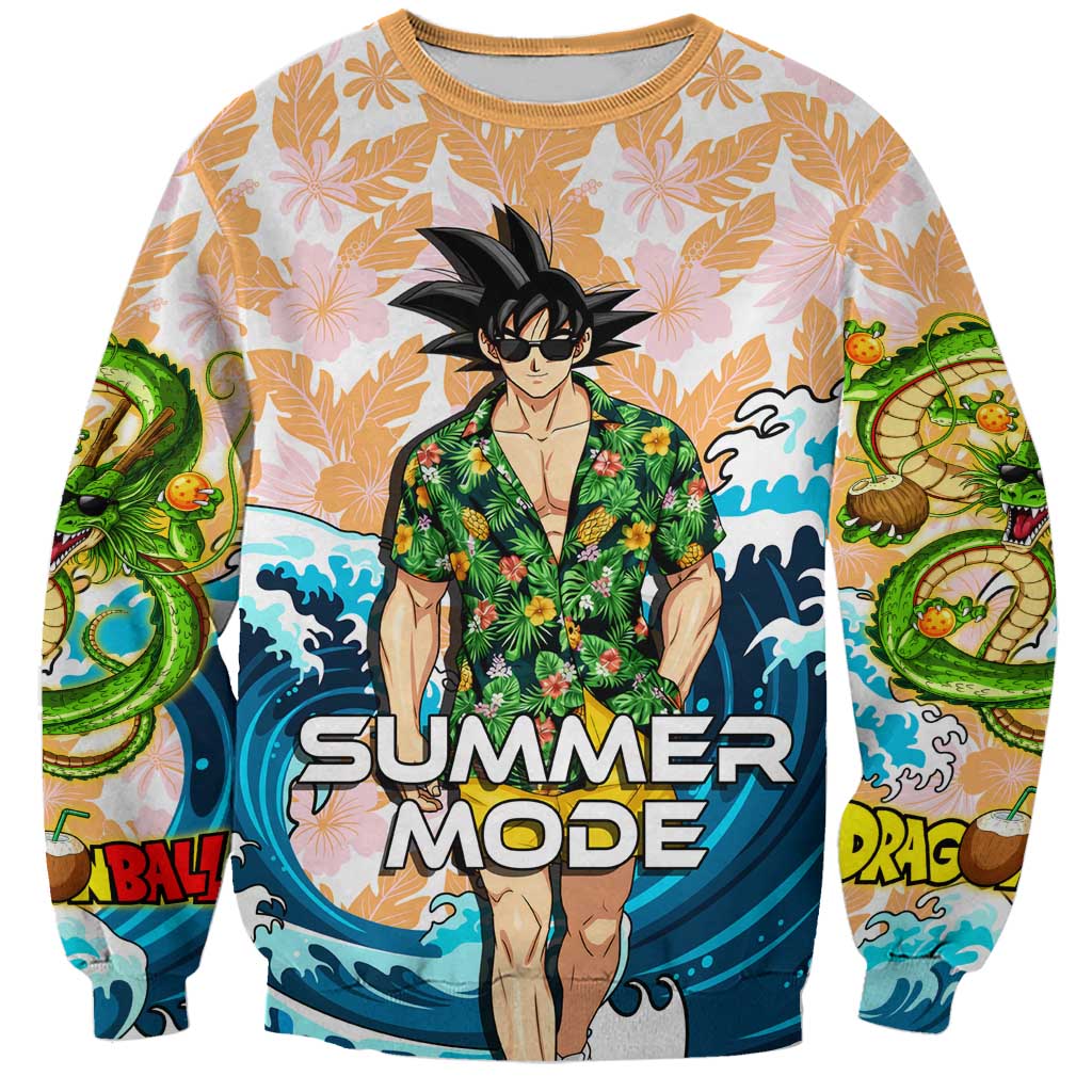 Goku Dragon Ball Summer Theme Sweatshirt with Tropical Floral Shirt Sunglasses Shenron and Ocean Wave Background - The Mazicc