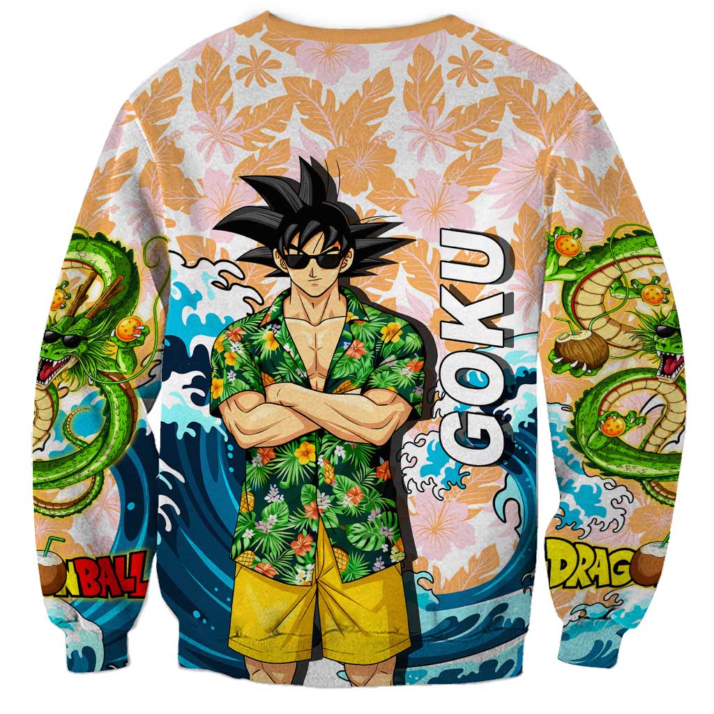 Goku Dragon Ball Summer Theme Sweatshirt with Tropical Floral Shirt Sunglasses Shenron and Ocean Wave Background - The Mazicc