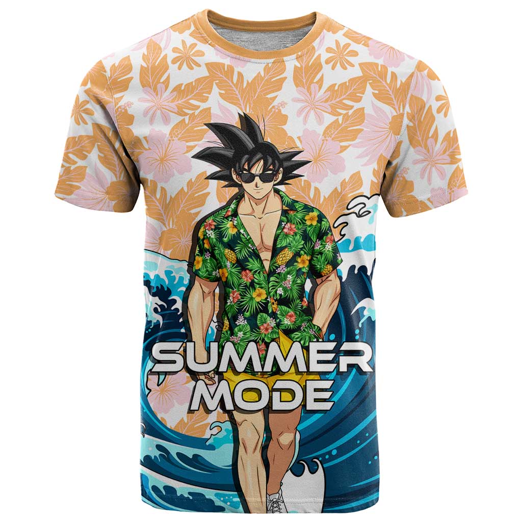 Goku Dragon Ball Summer Theme T Shirt with Tropical Floral Shirt Sunglasses Shenron and Ocean Wave Background - The Mazicc