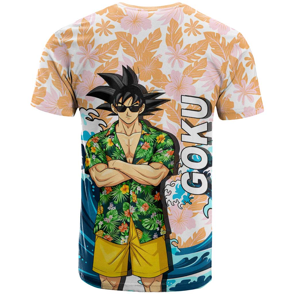 Goku Dragon Ball Summer Theme T Shirt with Tropical Floral Shirt Sunglasses Shenron and Ocean Wave Background - The Mazicc