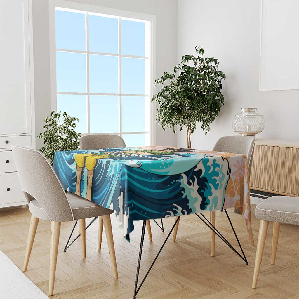 Goku Dragon Ball Summer Theme Tablecloth with Tropical Floral Shirt Sunglasses Shenron and Ocean Wave Background - The Mazicc