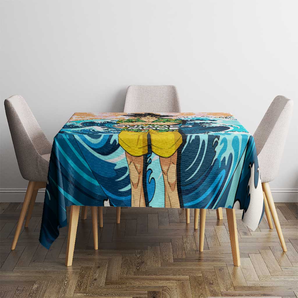 Goku Dragon Ball Summer Theme Tablecloth with Tropical Floral Shirt Sunglasses Shenron and Ocean Wave Background - The Mazicc