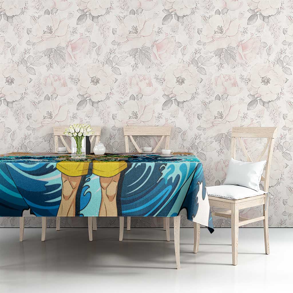 Goku Dragon Ball Summer Theme Tablecloth with Tropical Floral Shirt Sunglasses Shenron and Ocean Wave Background - The Mazicc