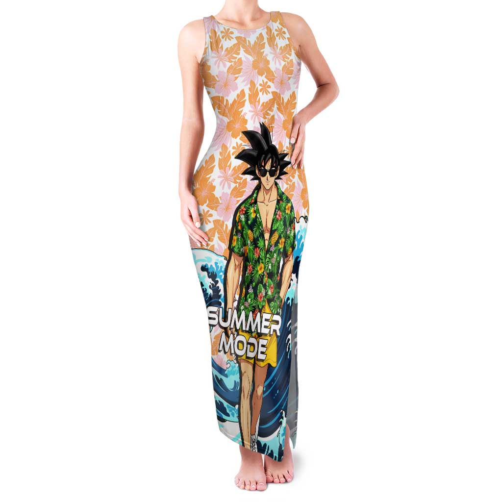 Goku Dragon Ball Summer Theme Tank Maxi Dress with Tropical Floral Shirt Sunglasses Shenron and Ocean Wave Background - The Mazicc