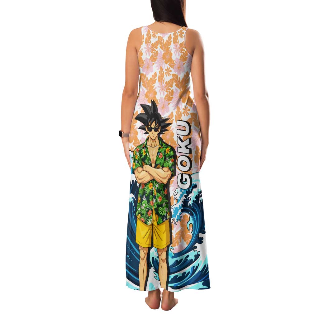 Goku Dragon Ball Summer Theme Tank Maxi Dress with Tropical Floral Shirt Sunglasses Shenron and Ocean Wave Background - The Mazicc