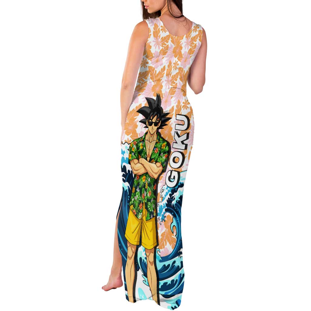 Goku Dragon Ball Summer Theme Tank Maxi Dress with Tropical Floral Shirt Sunglasses Shenron and Ocean Wave Background - The Mazicc