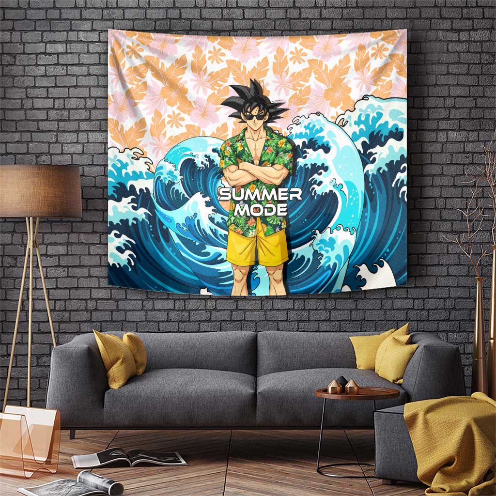 Goku Dragon Ball Summer Theme Tapestry with Tropical Floral Shirt Sunglasses Shenron and Ocean Wave Background - The Mazicc