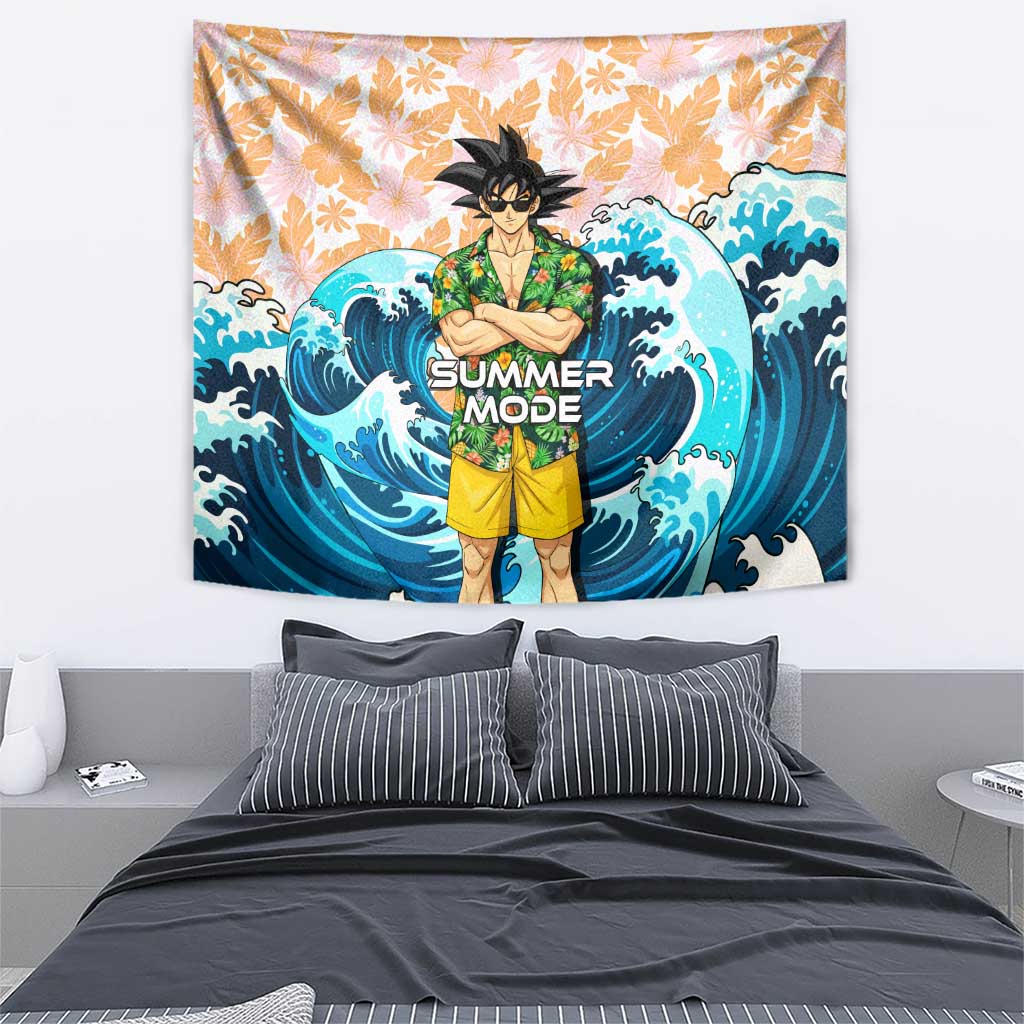 Goku Dragon Ball Summer Theme Tapestry with Tropical Floral Shirt Sunglasses Shenron and Ocean Wave Background - The Mazicc
