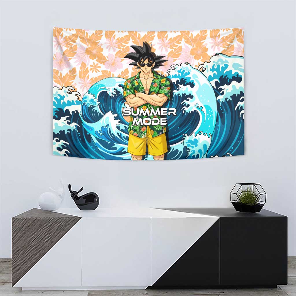 Goku Dragon Ball Summer Theme Tapestry with Tropical Floral Shirt Sunglasses Shenron and Ocean Wave Background - The Mazicc