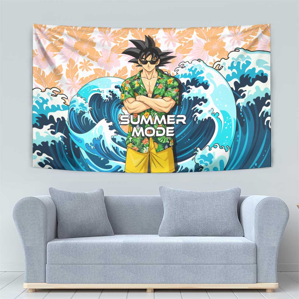 Goku Dragon Ball Summer Theme Tapestry with Tropical Floral Shirt Sunglasses Shenron and Ocean Wave Background - The Mazicc