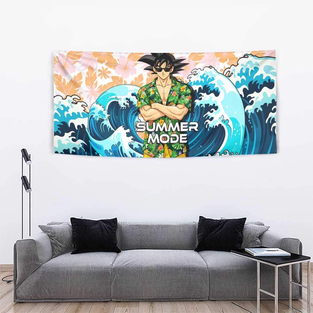 Goku Dragon Ball Summer Theme Tapestry with Tropical Floral Shirt Sunglasses Shenron and Ocean Wave Background - The Mazicc