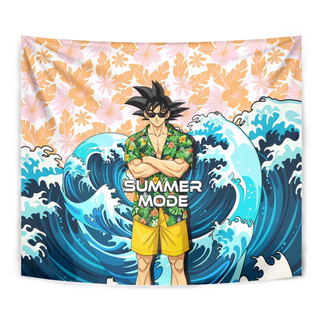 Goku Dragon Ball Summer Theme Tapestry with Tropical Floral Shirt Sunglasses Shenron and Ocean Wave Background - The Mazicc