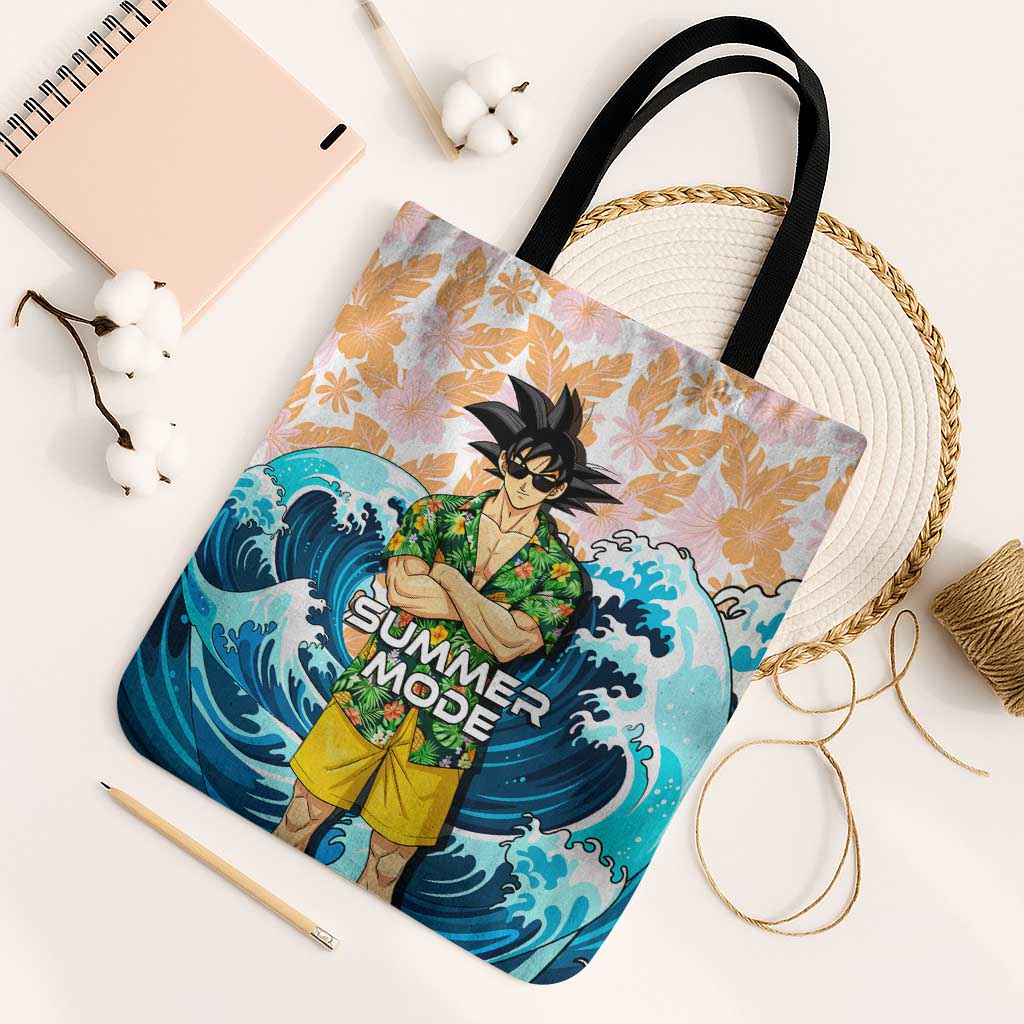 Goku Dragon Ball Summer Theme Tote Bag with Tropical Floral Shirt Sunglasses Shenron and Ocean Wave Background - The Mazicc