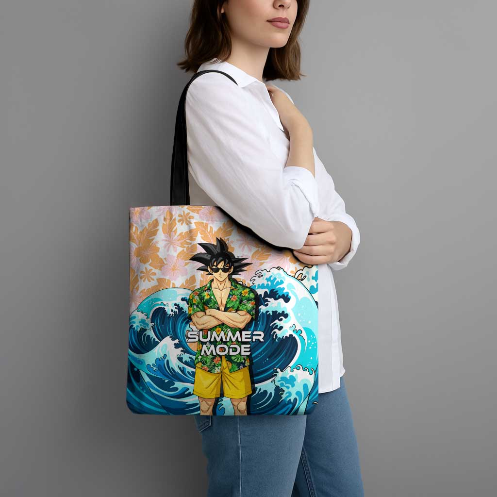 Goku Dragon Ball Summer Theme Tote Bag with Tropical Floral Shirt Sunglasses Shenron and Ocean Wave Background - The Mazicc