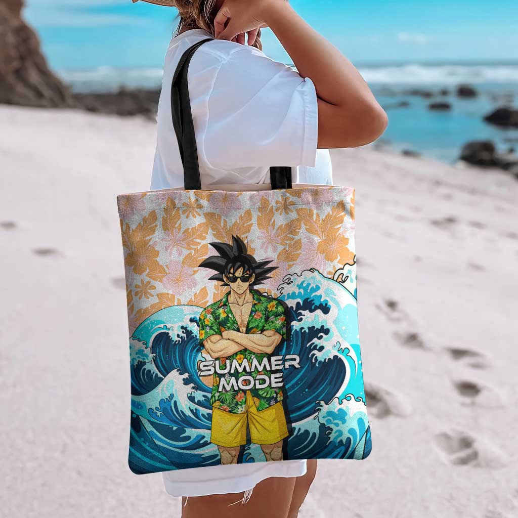Goku Dragon Ball Summer Theme Tote Bag with Tropical Floral Shirt Sunglasses Shenron and Ocean Wave Background - The Mazicc