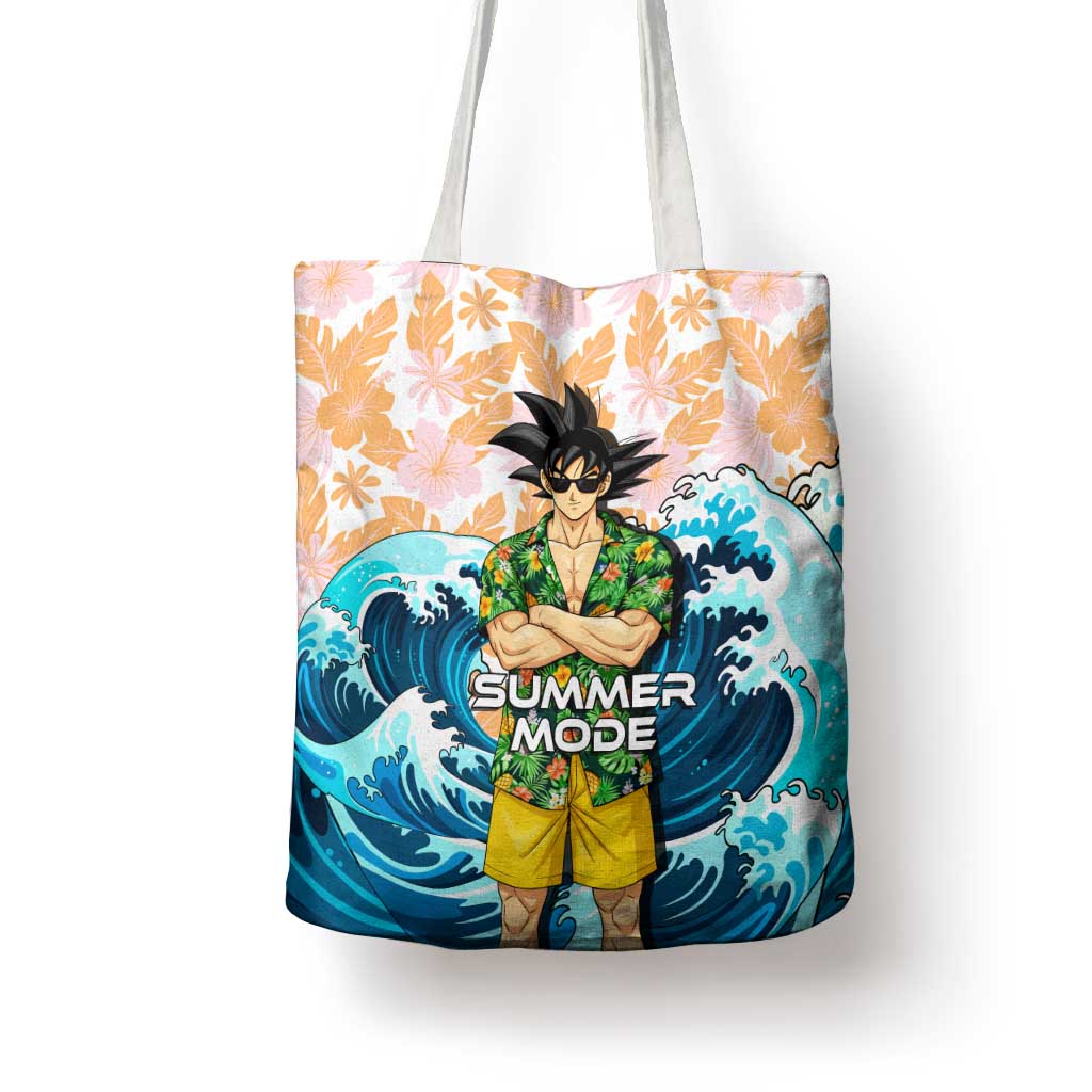 Goku Dragon Ball Summer Theme Tote Bag with Tropical Floral Shirt Sunglasses Shenron and Ocean Wave Background - The Mazicc