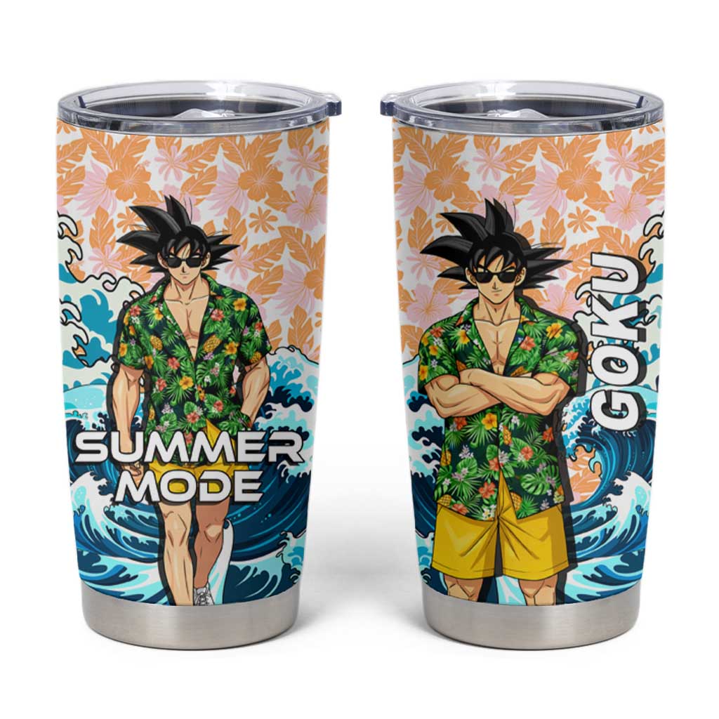 Goku Dragon Ball Summer Theme Tumbler Cup with Tropical Floral Shirt Sunglasses Shenron and Ocean Wave Background - The Mazicc
