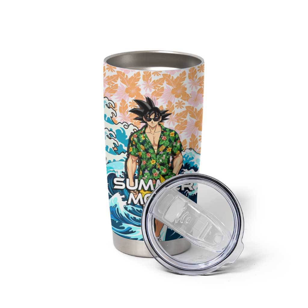 Goku Dragon Ball Summer Theme Tumbler Cup with Tropical Floral Shirt Sunglasses Shenron and Ocean Wave Background - The Mazicc