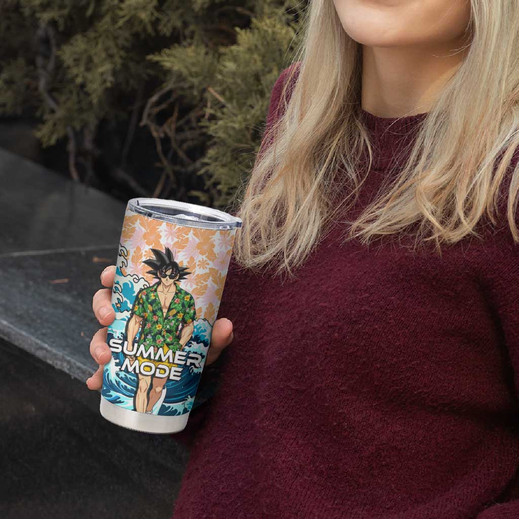 Goku Dragon Ball Summer Theme Tumbler Cup with Tropical Floral Shirt Sunglasses Shenron and Ocean Wave Background - The Mazicc