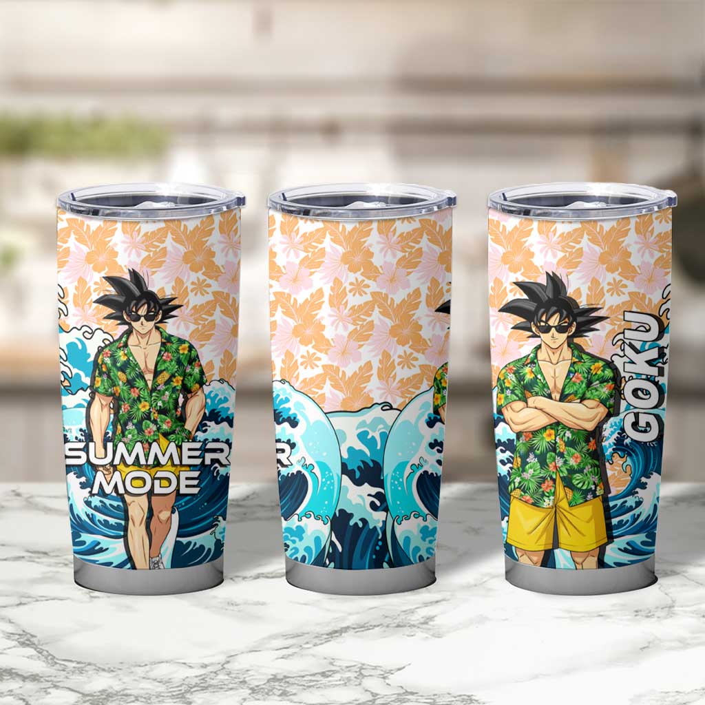Goku Dragon Ball Summer Theme Tumbler Cup with Tropical Floral Shirt Sunglasses Shenron and Ocean Wave Background - The Mazicc
