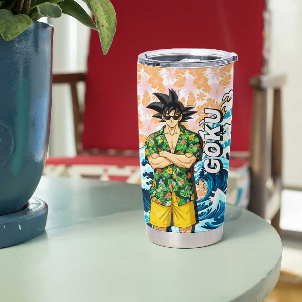 Goku Dragon Ball Summer Theme Tumbler Cup with Tropical Floral Shirt Sunglasses Shenron and Ocean Wave Background - The Mazicc