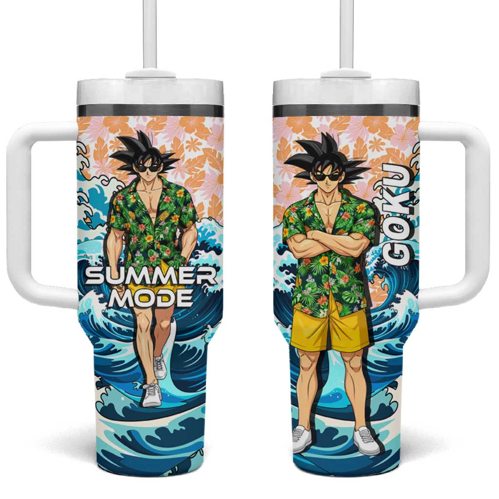 Goku Dragon Ball Summer Theme Tumbler With Handle with Tropical Floral Shirt Sunglasses Shenron and Ocean Wave Background - The Mazicc