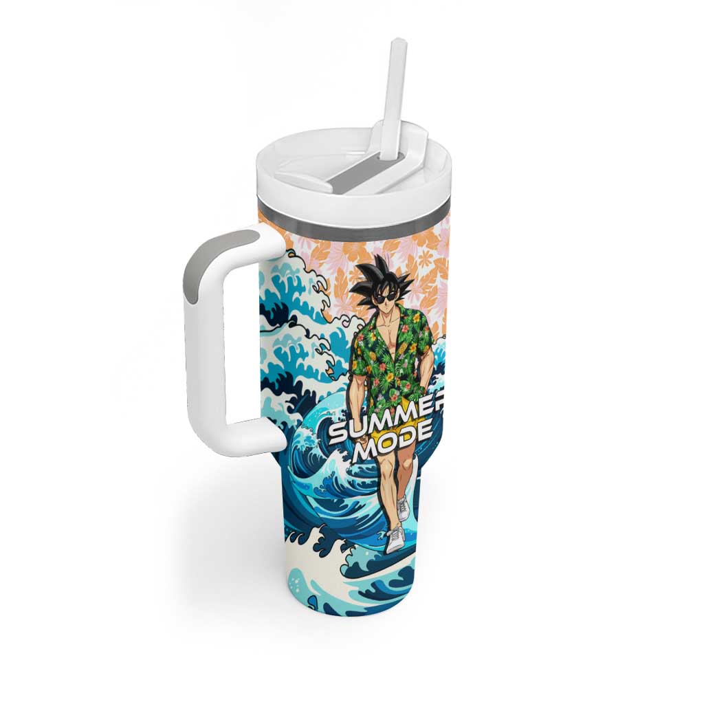 Goku Dragon Ball Summer Theme Tumbler With Handle with Tropical Floral Shirt Sunglasses Shenron and Ocean Wave Background - The Mazicc