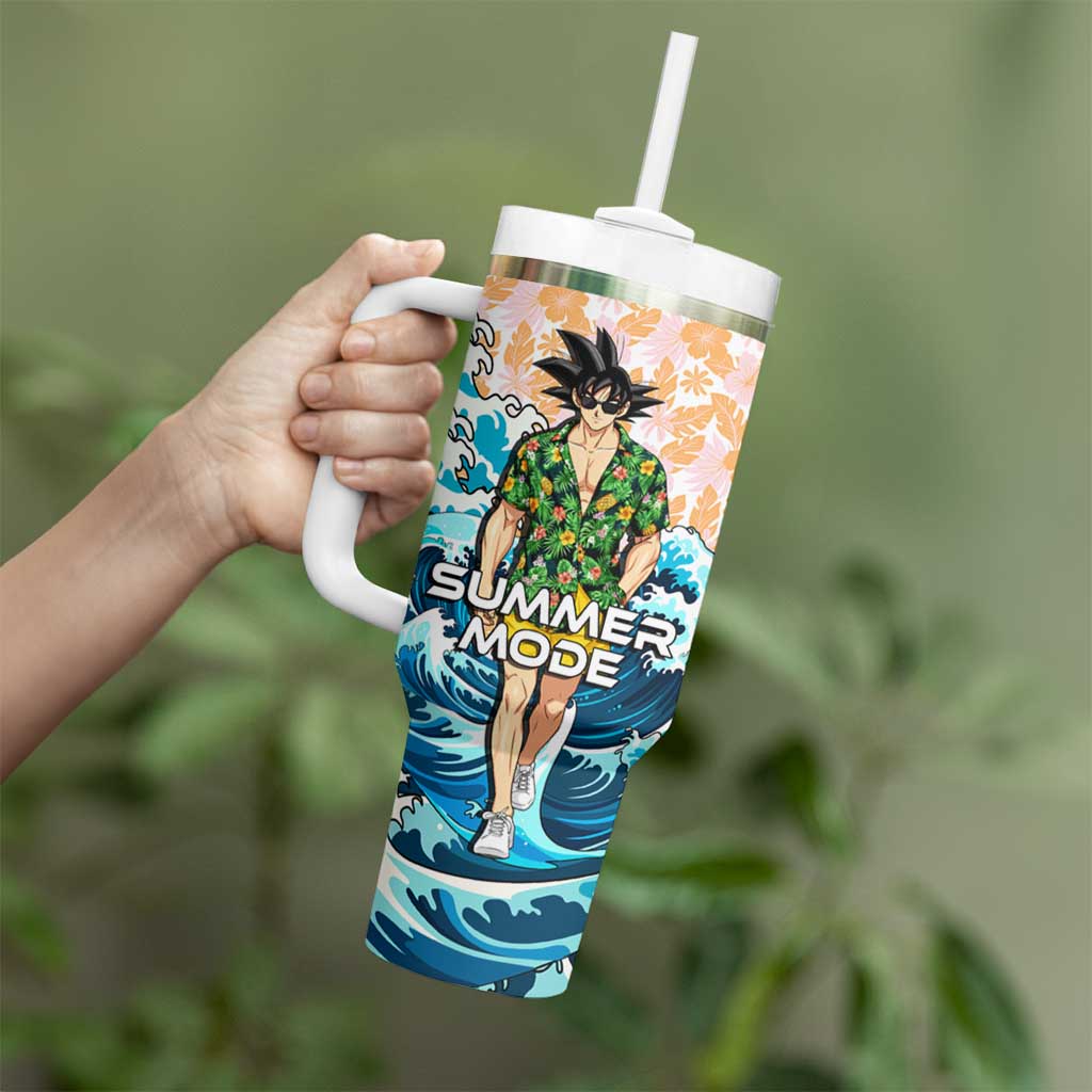 Goku Dragon Ball Summer Theme Tumbler With Handle with Tropical Floral Shirt Sunglasses Shenron and Ocean Wave Background - The Mazicc