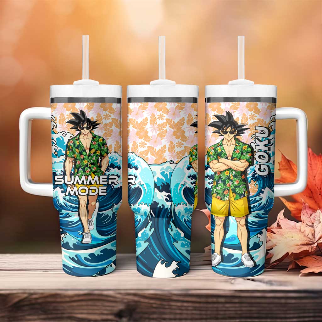 Goku Dragon Ball Summer Theme Tumbler With Handle with Tropical Floral Shirt Sunglasses Shenron and Ocean Wave Background - The Mazicc