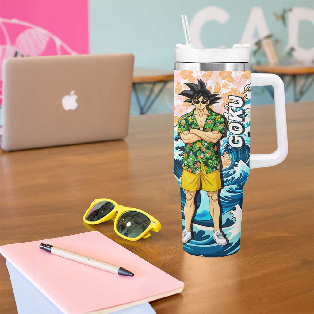 Goku Dragon Ball Summer Theme Tumbler With Handle with Tropical Floral Shirt Sunglasses Shenron and Ocean Wave Background - The Mazicc