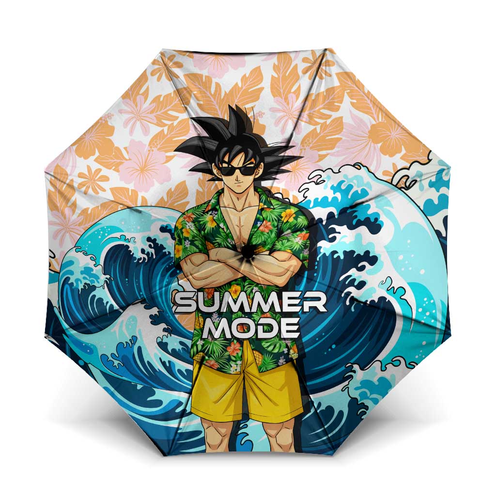 Goku Dragon Ball Summer Theme Umbrella with Tropical Floral Shirt Sunglasses Shenron and Ocean Wave Background - The Mazicc