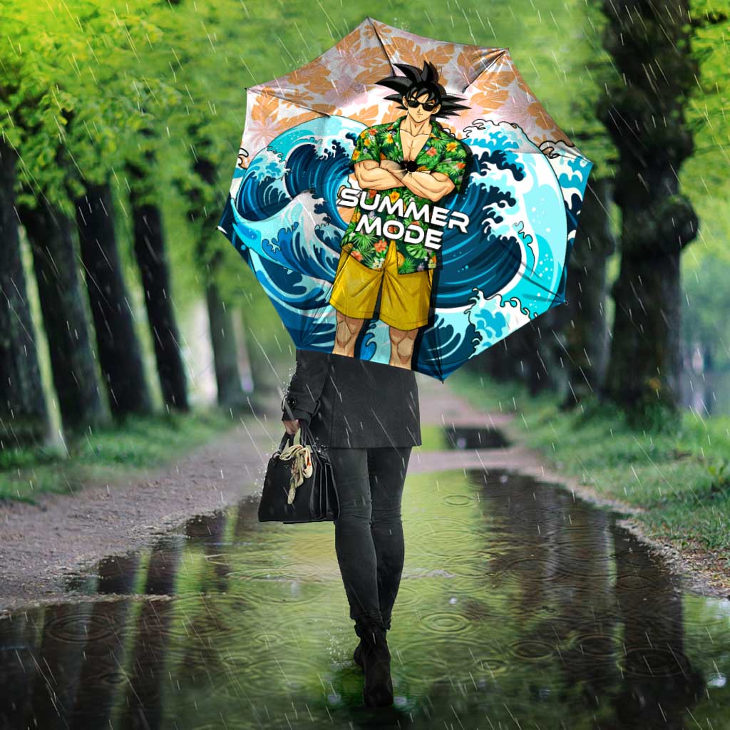 Goku Dragon Ball Summer Theme Umbrella with Tropical Floral Shirt Sunglasses Shenron and Ocean Wave Background - The Mazicc