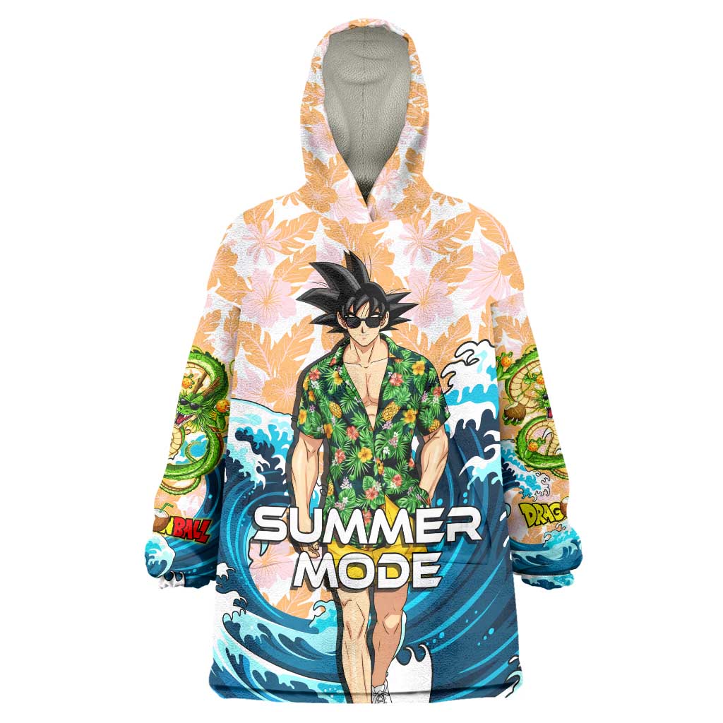 Goku Dragon Ball Summer Theme Wearable Blanket Hoodie with Tropical Floral Shirt Sunglasses Shenron and Ocean Wave Background - The Mazicc