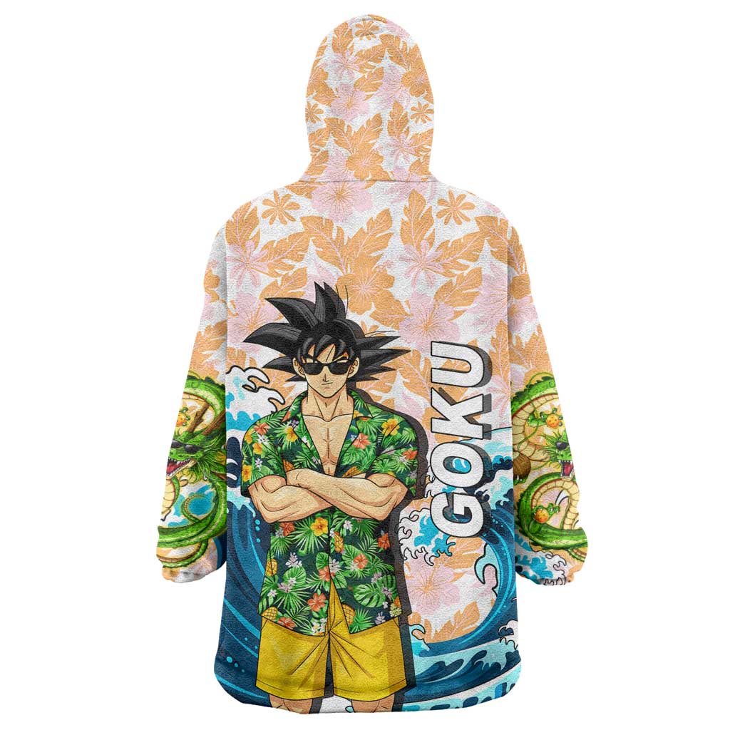 Goku Dragon Ball Summer Theme Wearable Blanket Hoodie with Tropical Floral Shirt Sunglasses Shenron and Ocean Wave Background - The Mazicc