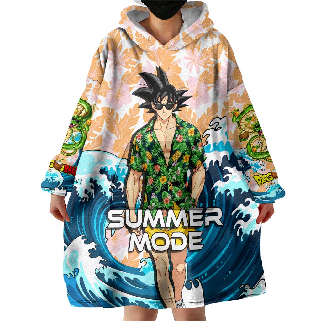 Goku Dragon Ball Summer Theme Wearable Blanket Hoodie with Tropical Floral Shirt Sunglasses Shenron and Ocean Wave Background - The Mazicc
