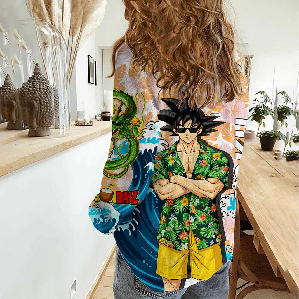 Goku Dragon Ball Summer Theme Women Casual Shirt with Tropical Floral Shirt Sunglasses Shenron and Ocean Wave Background - The Mazicc