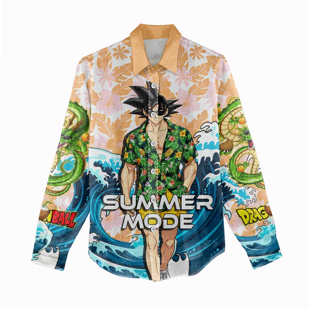 Goku Dragon Ball Summer Theme Women Casual Shirt with Tropical Floral Shirt Sunglasses Shenron and Ocean Wave Background - The Mazicc