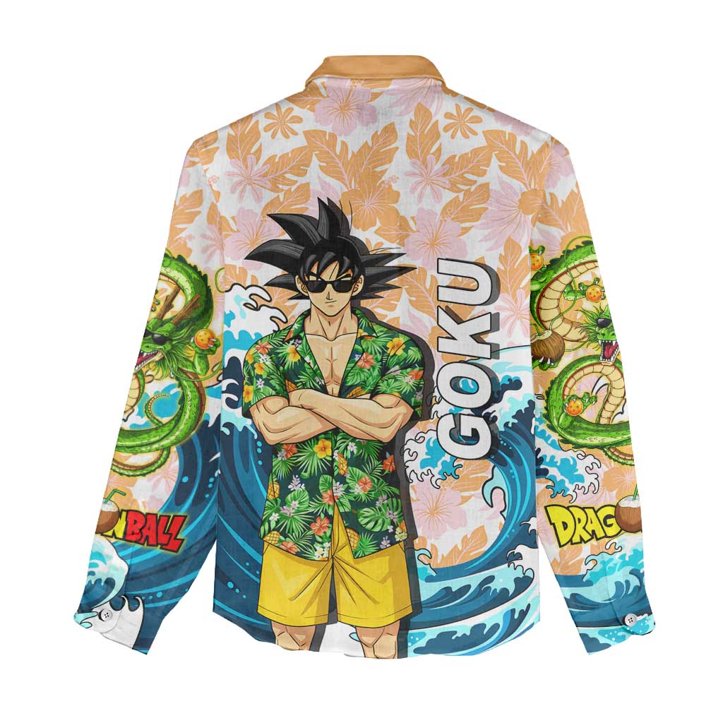 Goku Dragon Ball Summer Theme Women Casual Shirt with Tropical Floral Shirt Sunglasses Shenron and Ocean Wave Background - The Mazicc