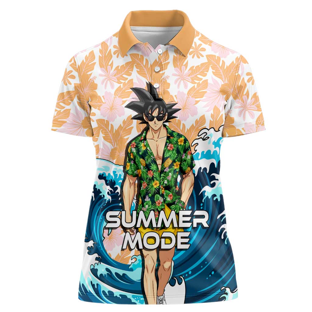 Goku Dragon Ball Summer Theme Women Polo Shirt with Tropical Floral Shirt Sunglasses Shenron and Ocean Wave Background - The Mazicc