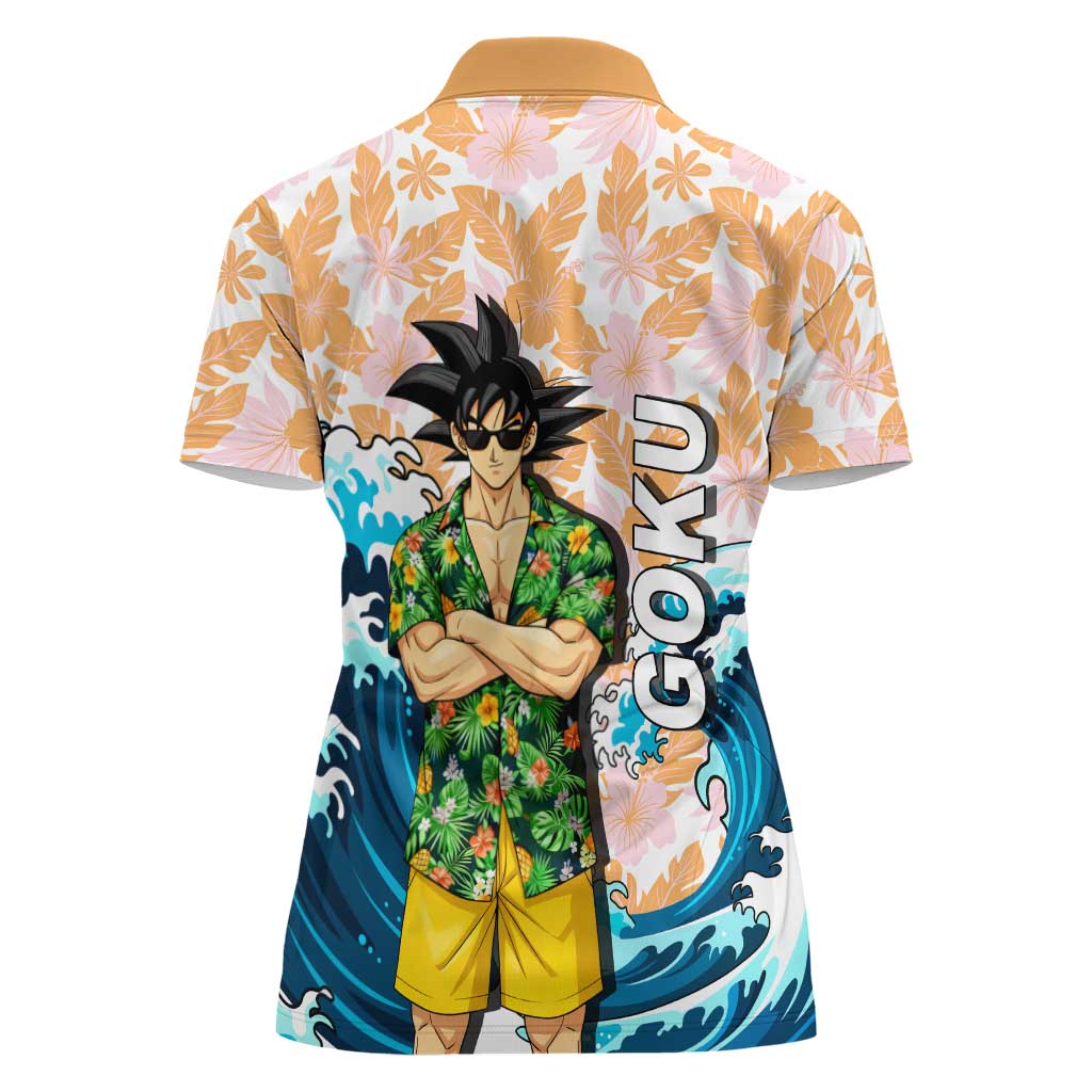 Goku Dragon Ball Summer Theme Women Polo Shirt with Tropical Floral Shirt Sunglasses Shenron and Ocean Wave Background - The Mazicc