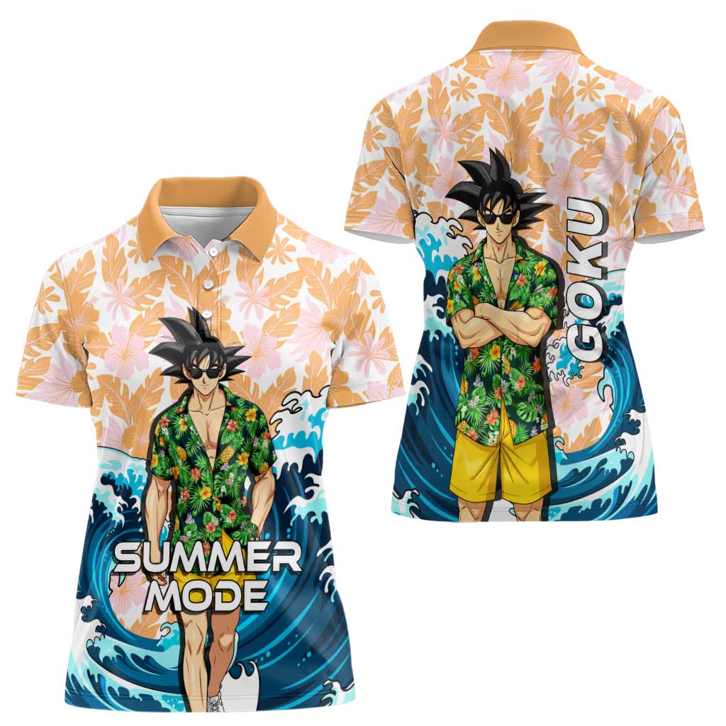 Goku Dragon Ball Summer Theme Women Polo Shirt with Tropical Floral Shirt Sunglasses Shenron and Ocean Wave Background - The Mazicc