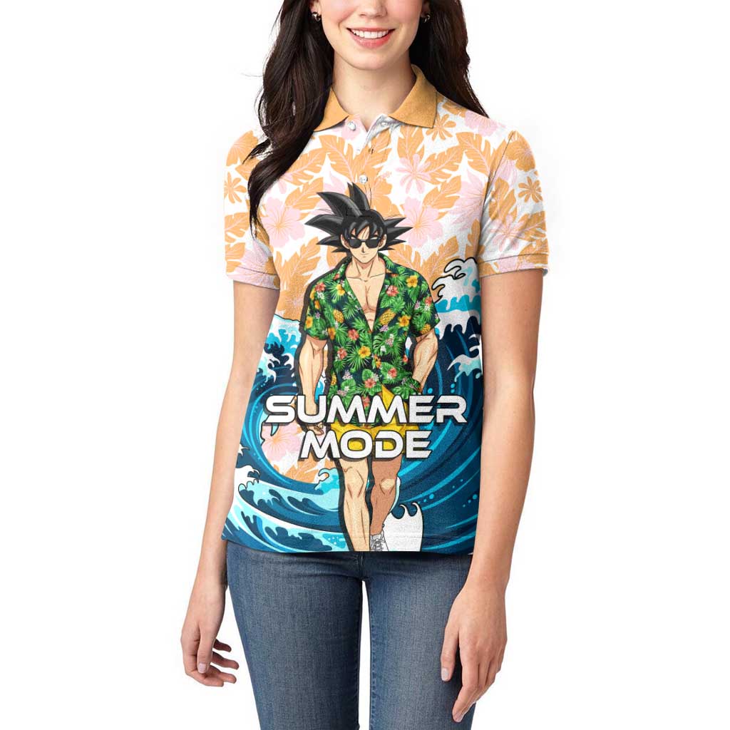 Goku Dragon Ball Summer Theme Women Polo Shirt with Tropical Floral Shirt Sunglasses Shenron and Ocean Wave Background - The Mazicc