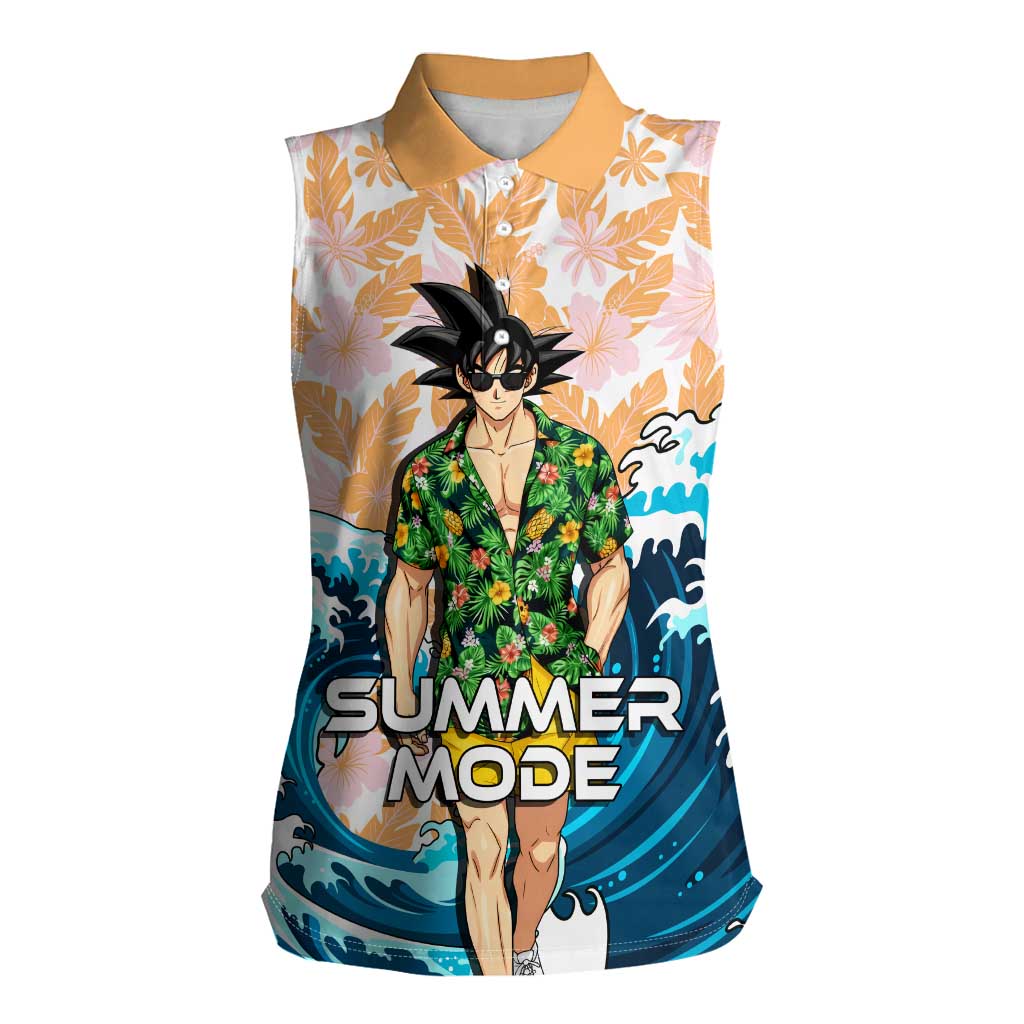 Goku Dragon Ball Summer Theme Women Sleeveless Polo Shirt with Tropical Floral Shirt Sunglasses Shenron and Ocean Wave Background - The Mazicc